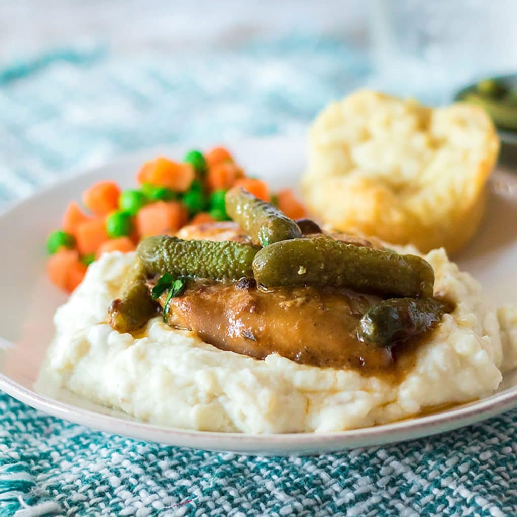 dill pickle chicken over mashed potatoes.