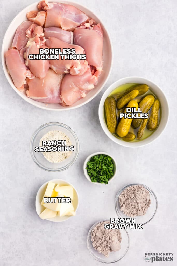 overhead shot of labeled ingredients laid out to make pickle chicken.