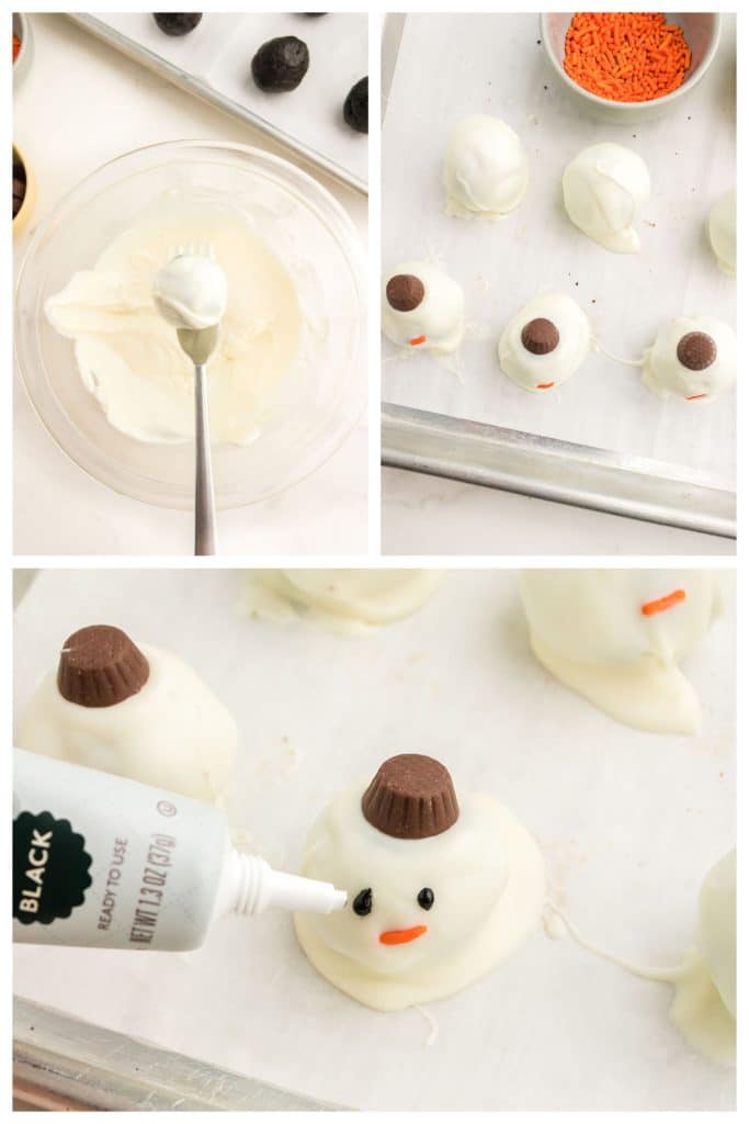 collage of 3 photos showing the process of decorating oreo balls into snowmen.