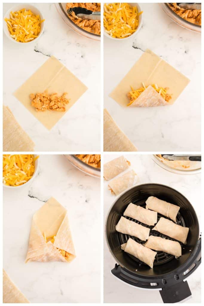 collage of 4 photos showing the process of rolling an egg roll into an air fryer.
