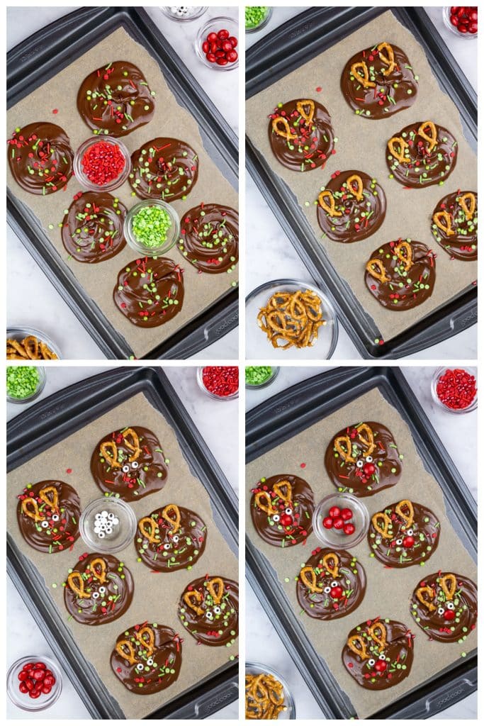 collage of 4 photos showing the process of decorating reindeer bark.