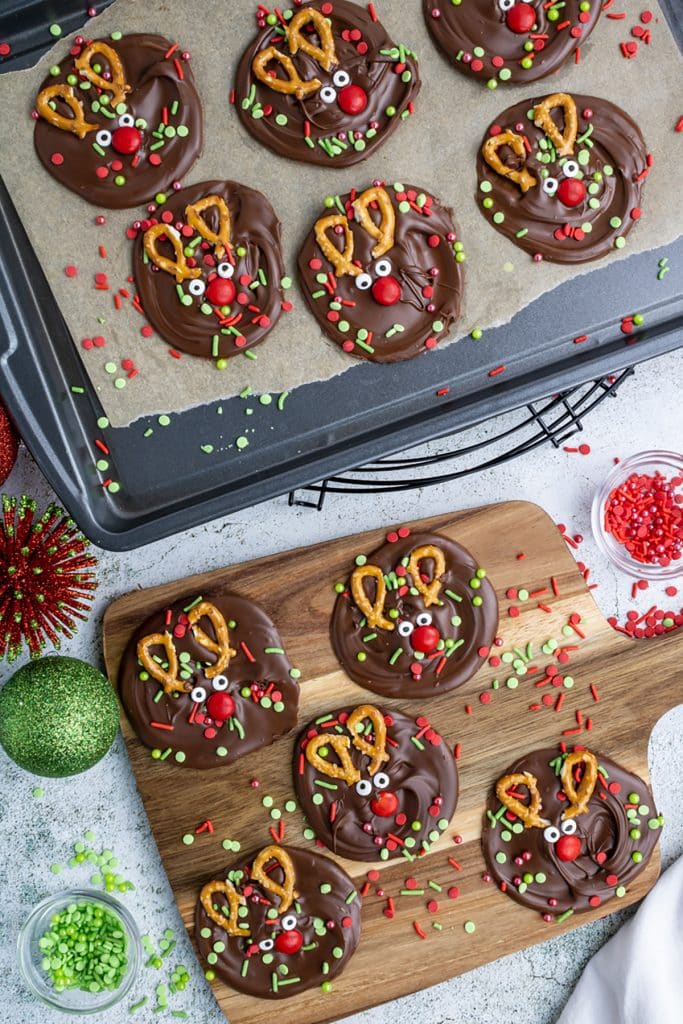 overhead shot of reindeer decorated chocolate bark.