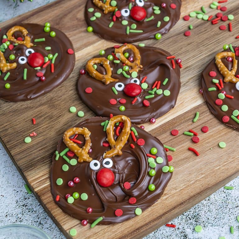 melted chocolate reindeer bark with christmas sprinkles.