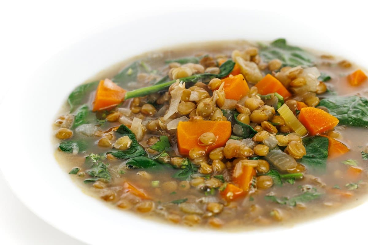 Lemony lentil soup with spinach.