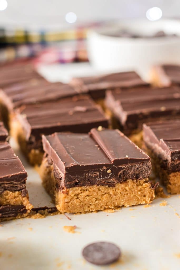 sliced up chocolate topped peanut butter bars.