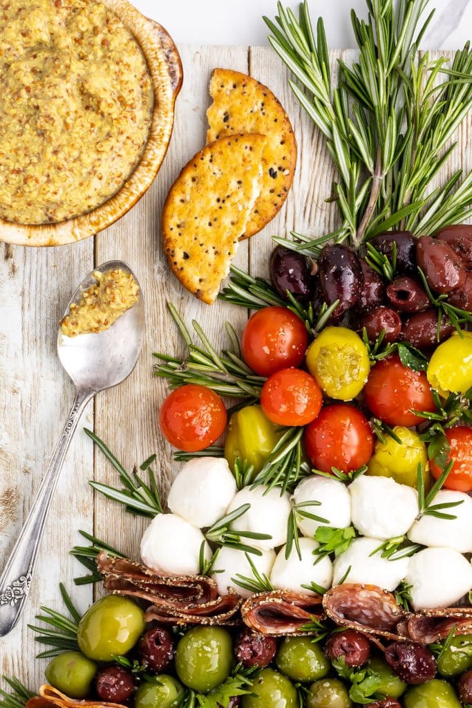 overhead shot of a tree shaped antipasto platter.