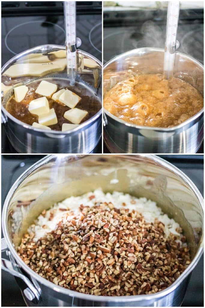 collage of 3 photos showing the process of making pralines in a saucepan.