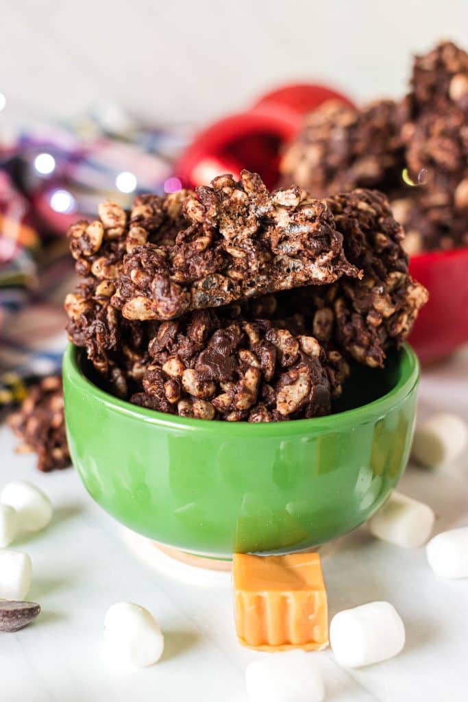 green bowl filled with reindeer poop cookies.