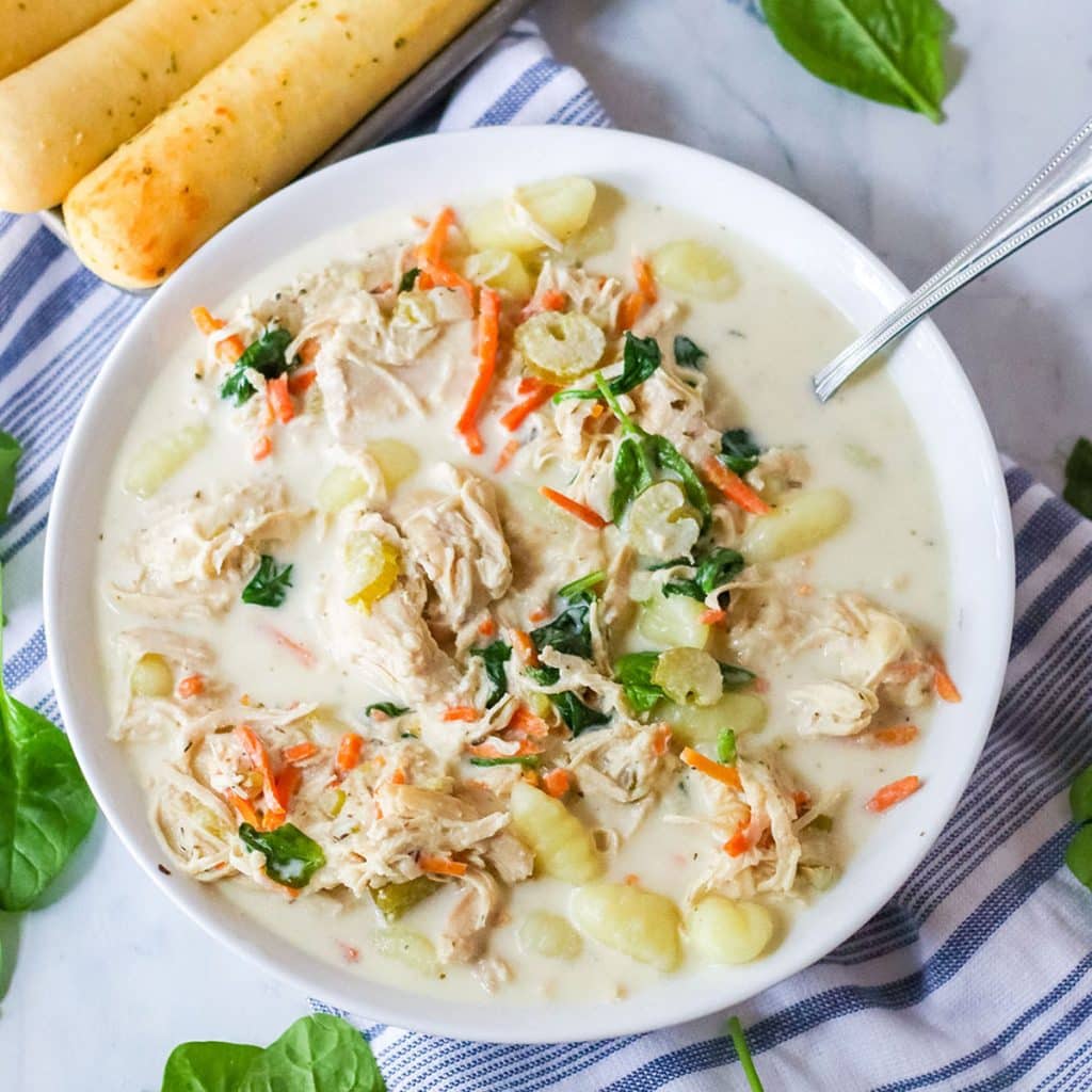 overhead shot of a bowl of chicken gnocchi soup.