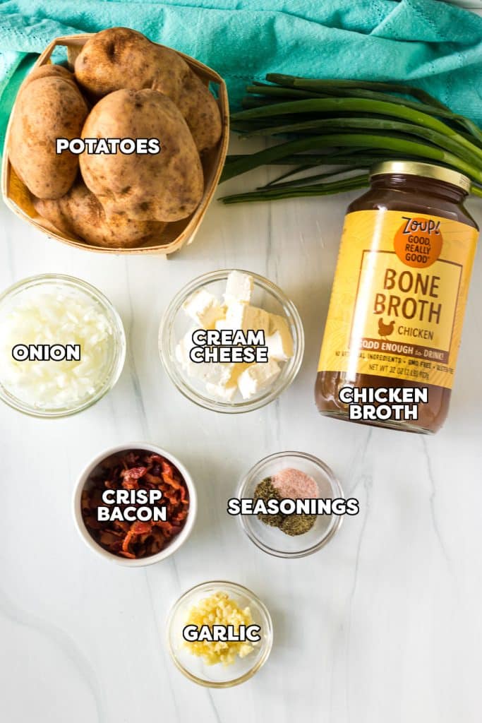 overhead shot of labeled ingredients to make slow cooker potato soup.
