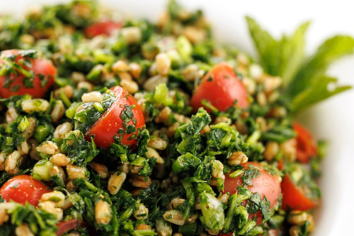 Close-up of spelt tabbouleh with jalapeño vinaigrette.