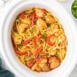 honey garlic chicken & noodles in a white slow cooker.