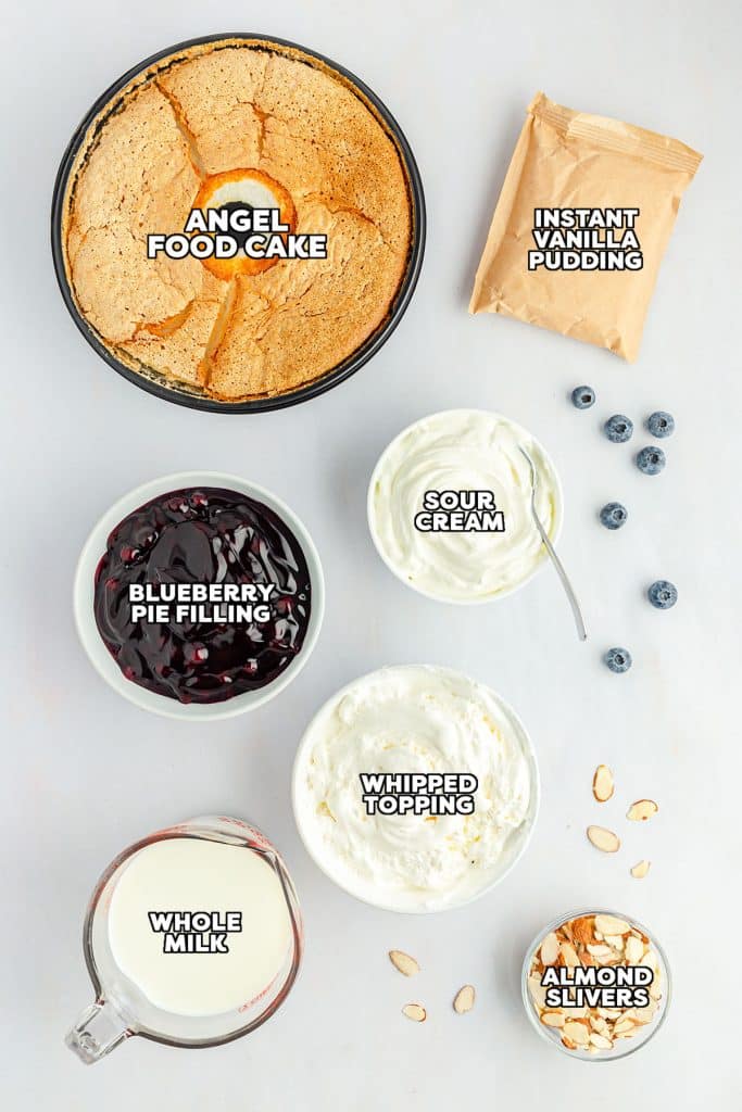 overhead shot of labeled ingredients laid out to make blueberry angel food dessert.