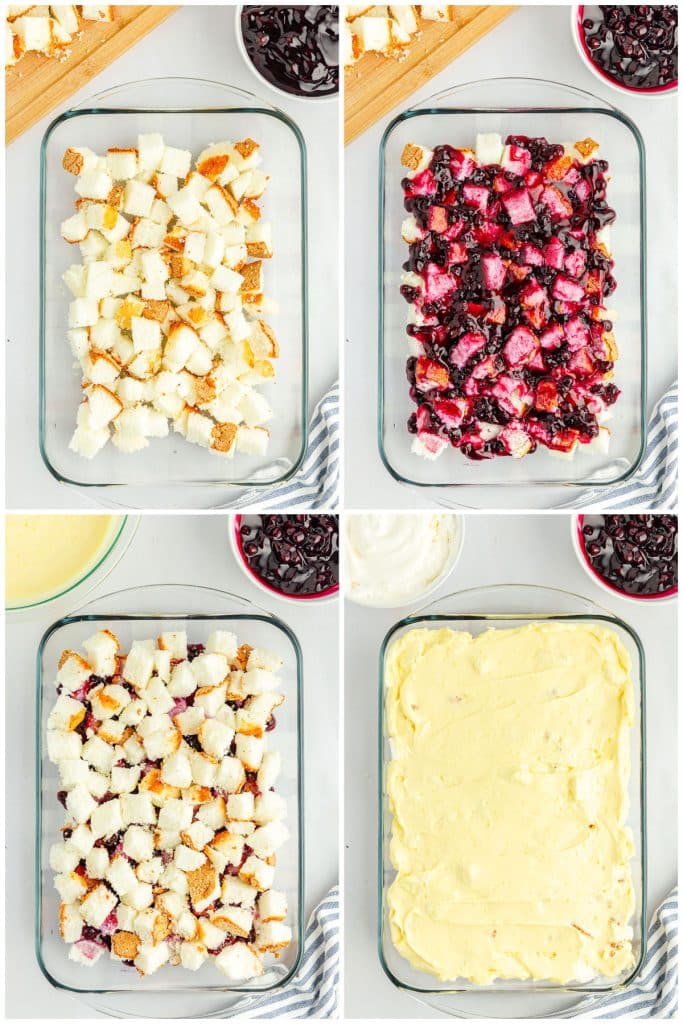 collage of 4 photos showing the process of making layered blueberry heaven on earth dessert.