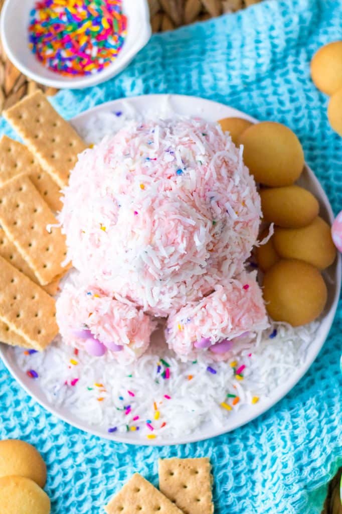 overhead shot of strawberry funfetti dessert cheeseball.