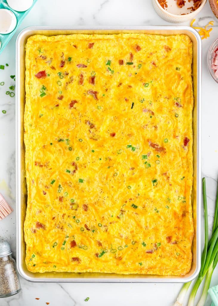 overhead shot of eggs in a baking sheet.