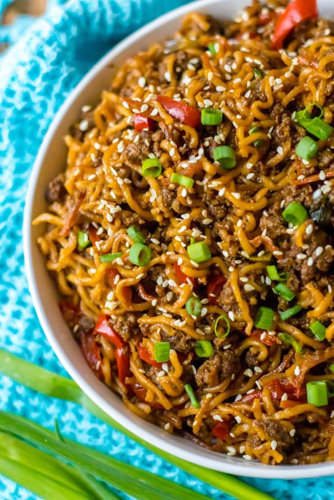 overhead shot of a bowl of beef ramen noodles.
