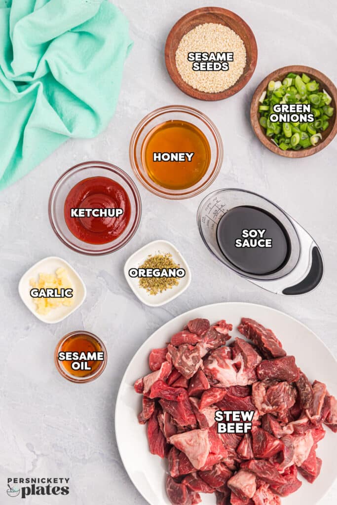overhead shot of labeled ingredients laid out to make steak bites.