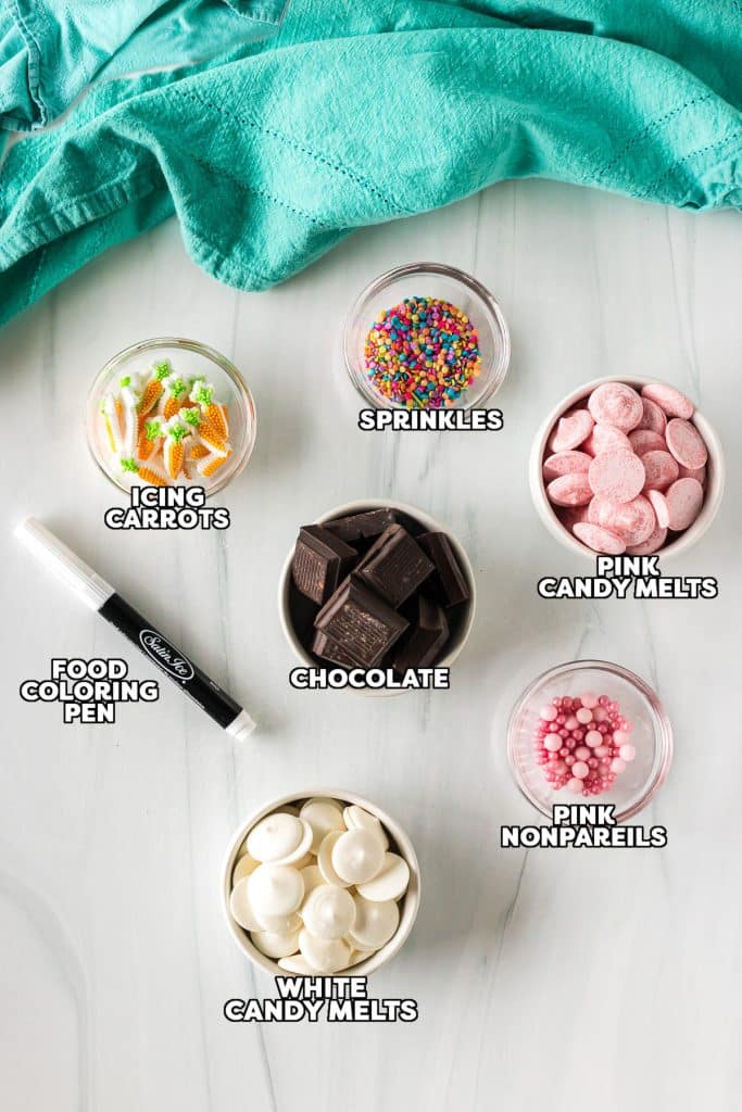 overhead shot of labeled ingredients laid out to make easter bark.