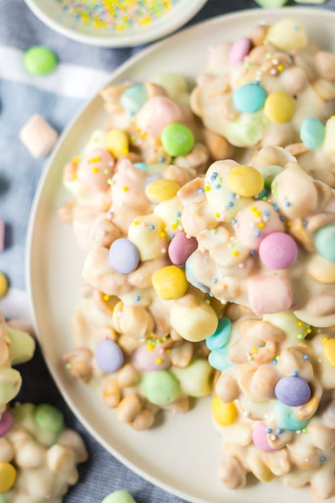 platter of easter peanut clusters with pastel M&Ms. 
