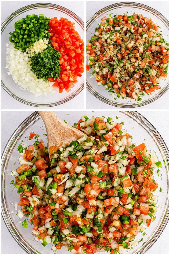 collage of 3 photos showing the process of making homemade pico de gallo.