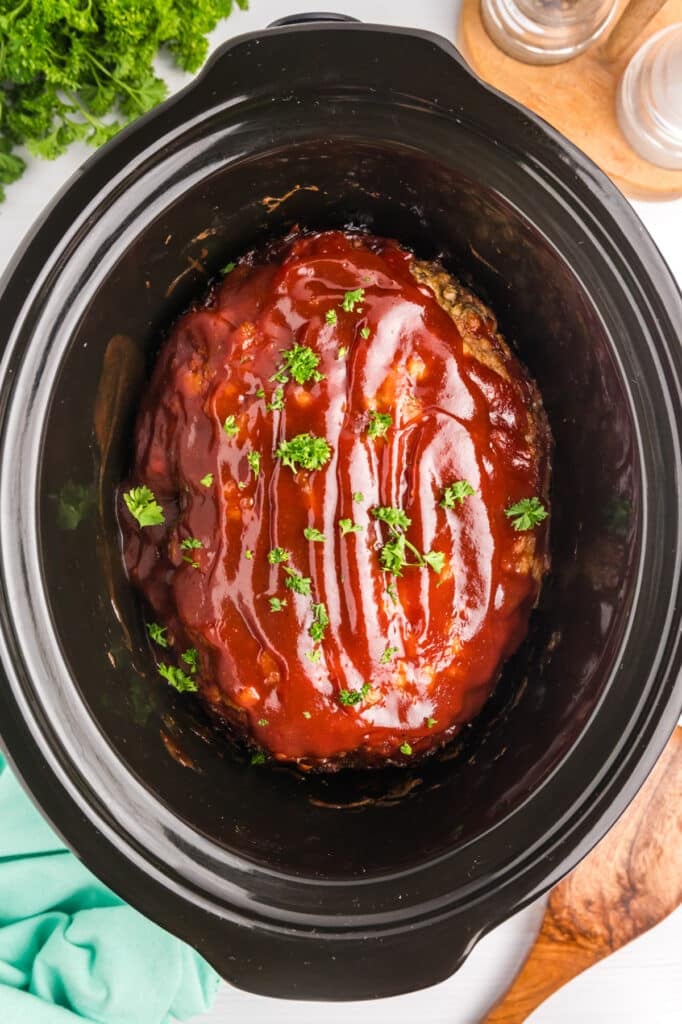 overhead shot of crockpot meatloaf.