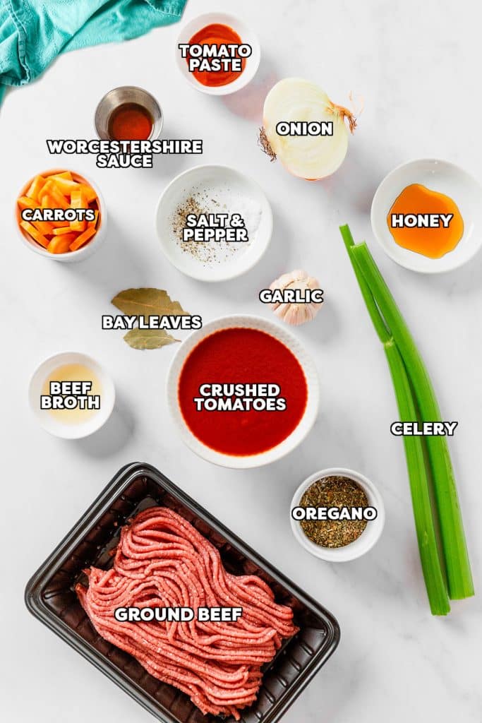 overhead shot of labeled ingredients to make spaghetti sauce.