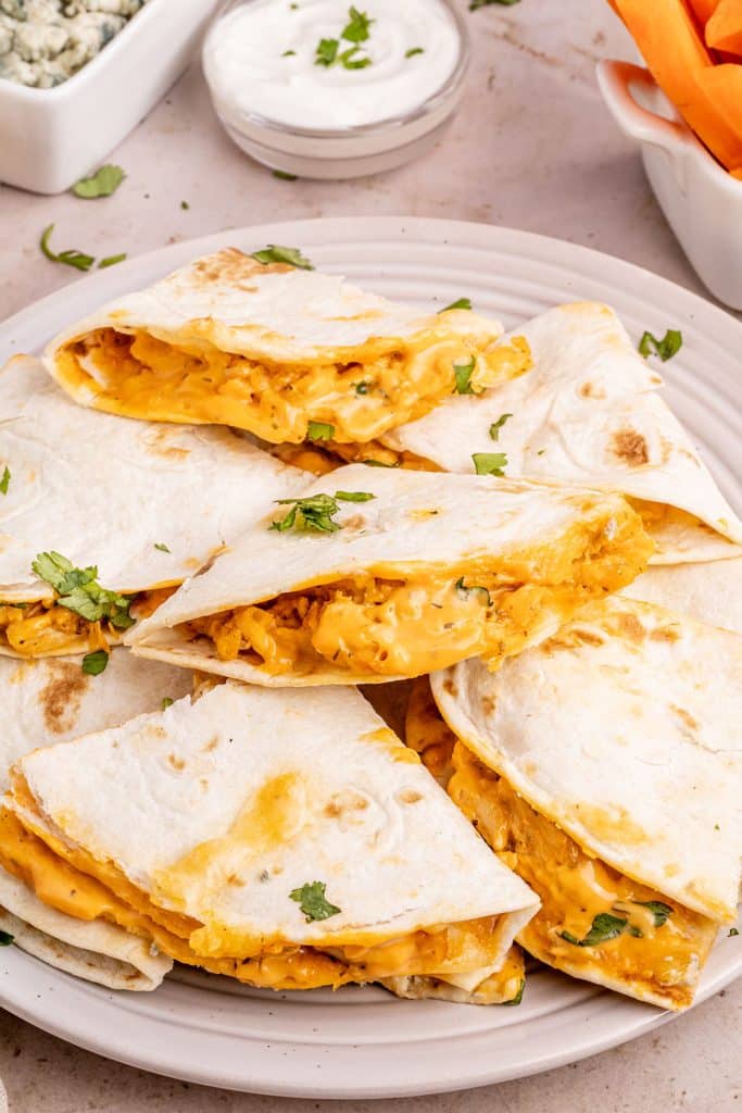 platter of buffalo chicken quesadilla triangles.