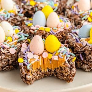 chocolate bird nest cookie with a bite missing showing the peanut butter filling.