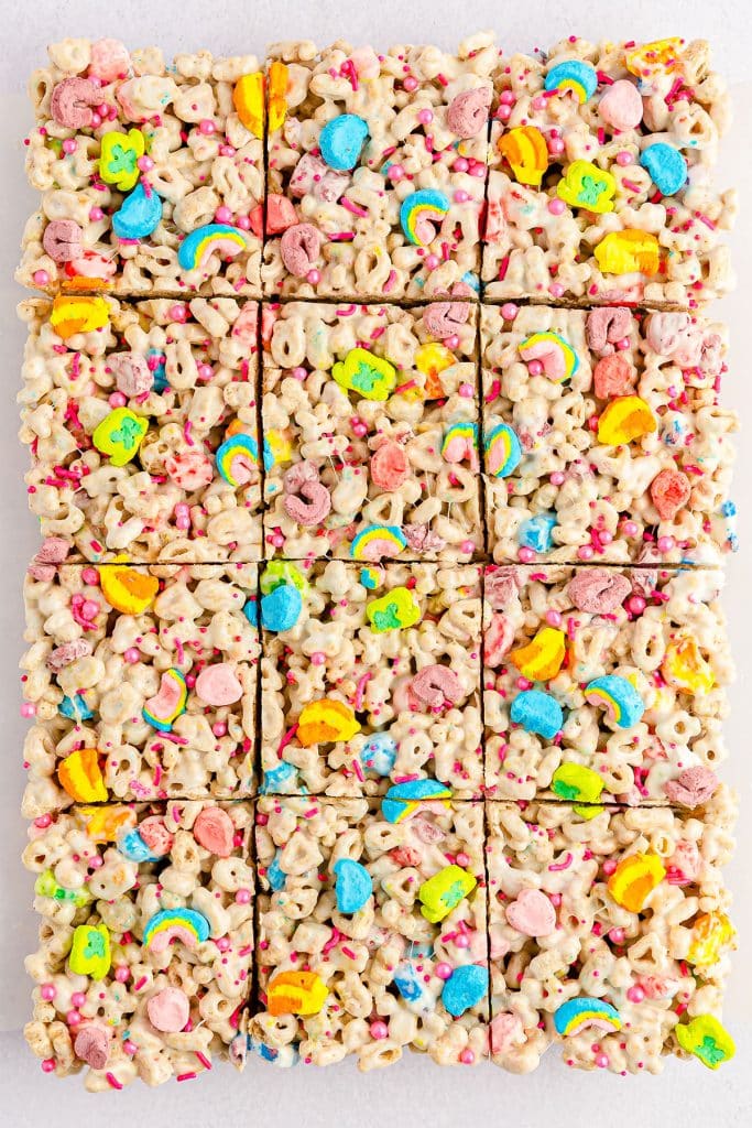 overhead shot of lucky charms treats cut into bars.