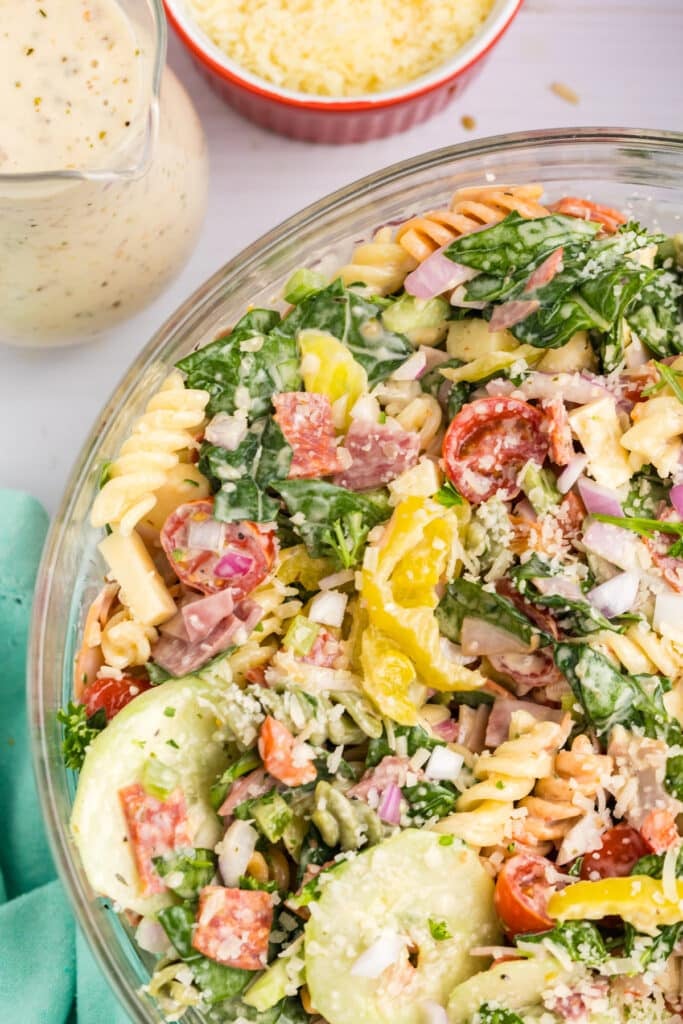 closeup overhead shot of italian sub pasta salad in a bowl.