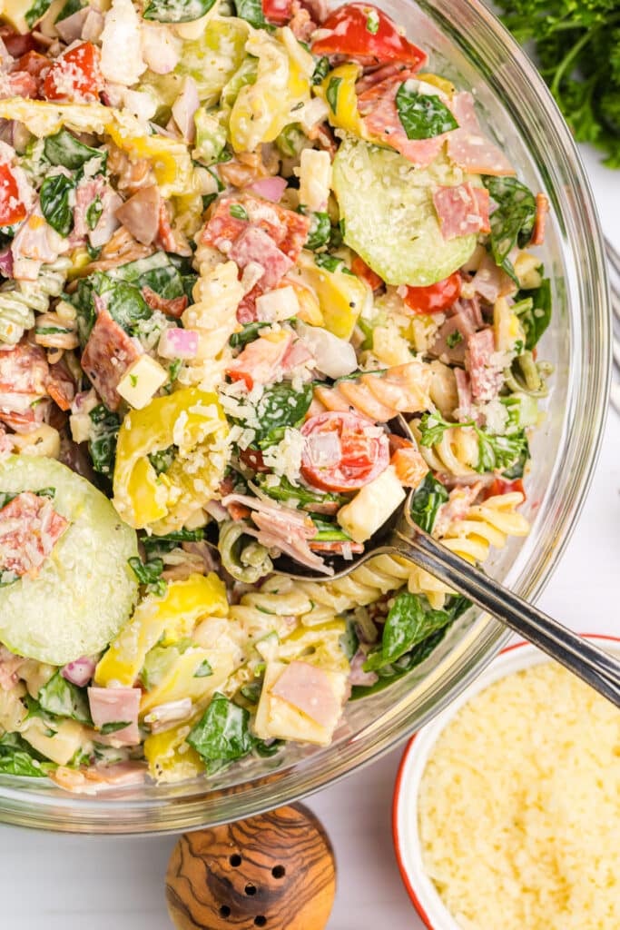overhead shot of bowl of hoagie pasta salad.