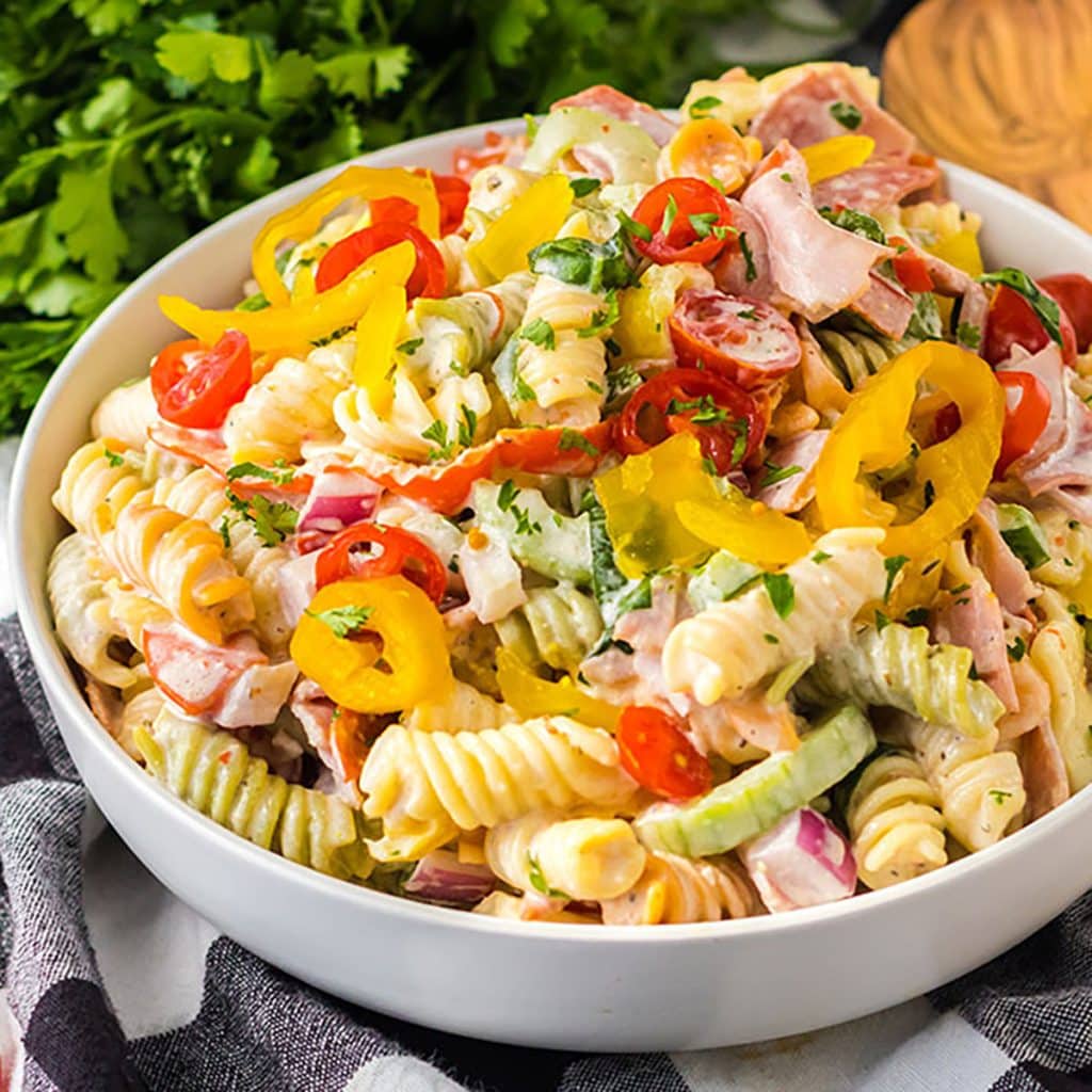 hoagie salad in a white bowl.