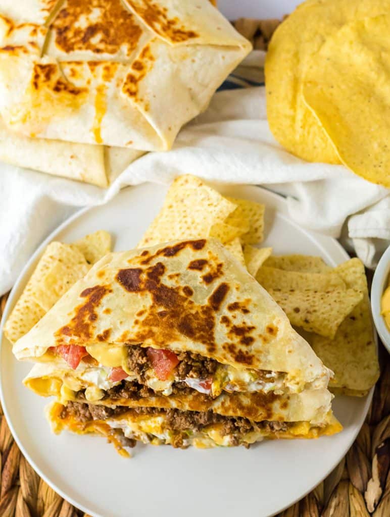 overhead shot of a plate of homemade crunchwrap supremes.