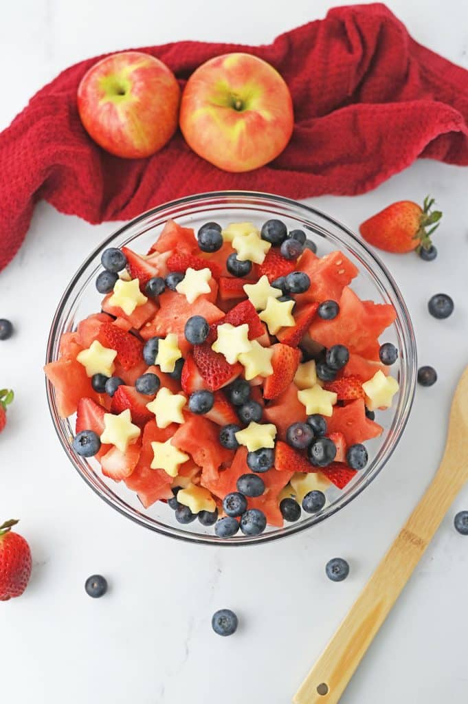 overhead shot of a red white & blue fruit salad.