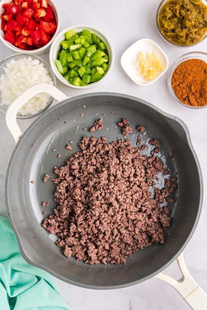 ground beef in a skillet.