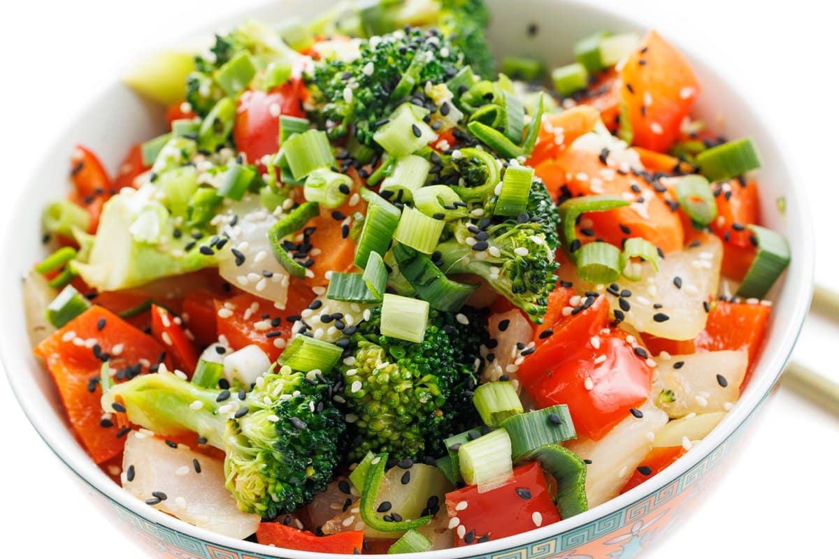 Close up of mixed vegetable stir-fry.