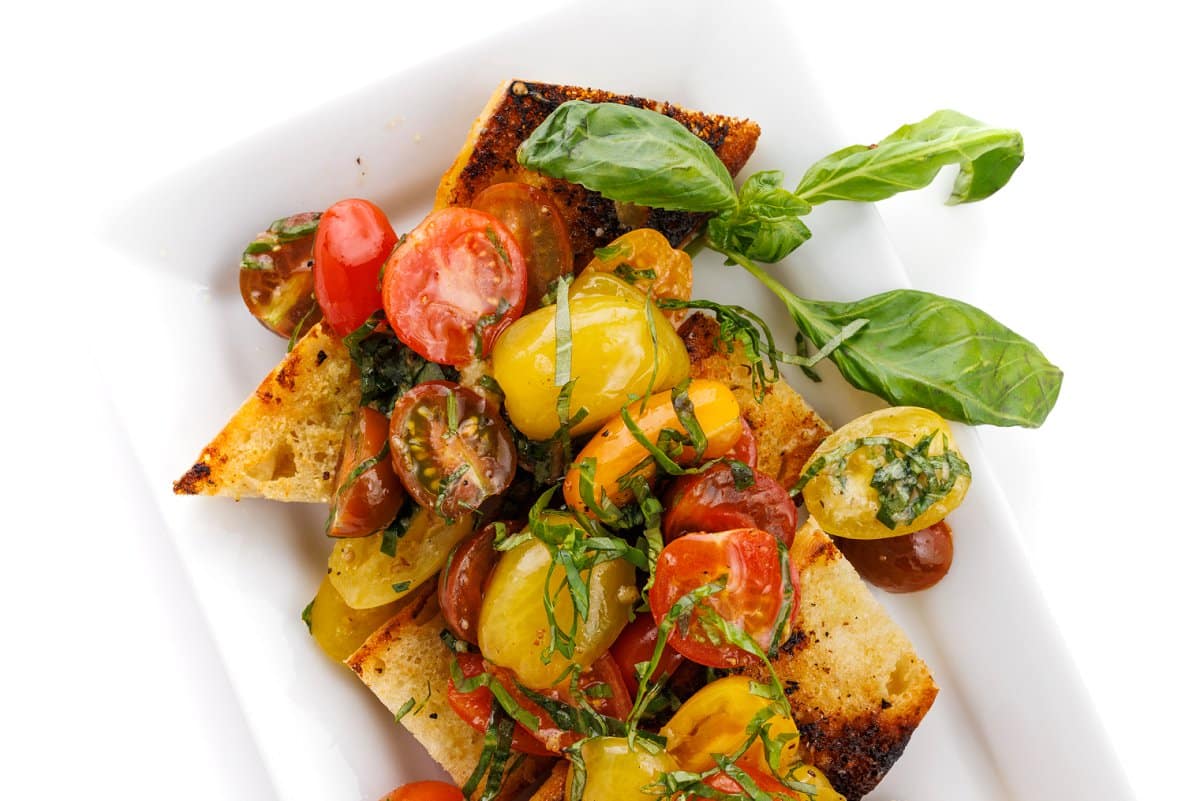 Top view of grilled garlic bread bruschetta.