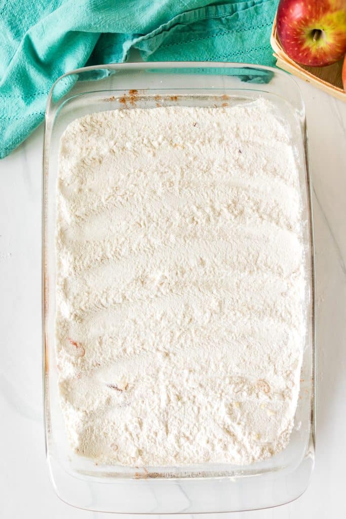 overhead shot of cake mix in a baking dish.