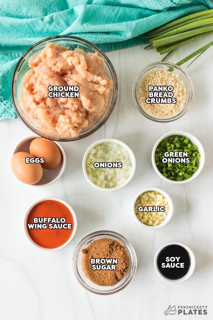overhead shot of labeled ingredients laid out to make firecracker meatballs.