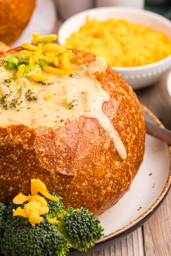 broccoli cheddar soup in a bread bowl.