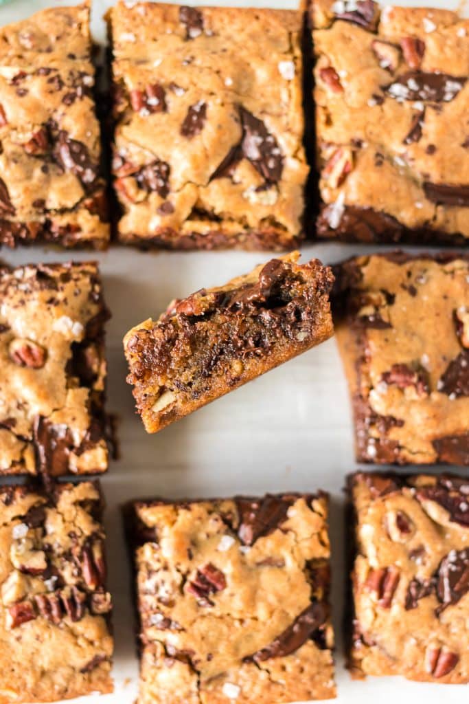 overhead shot of a cookie bar turned on its side.