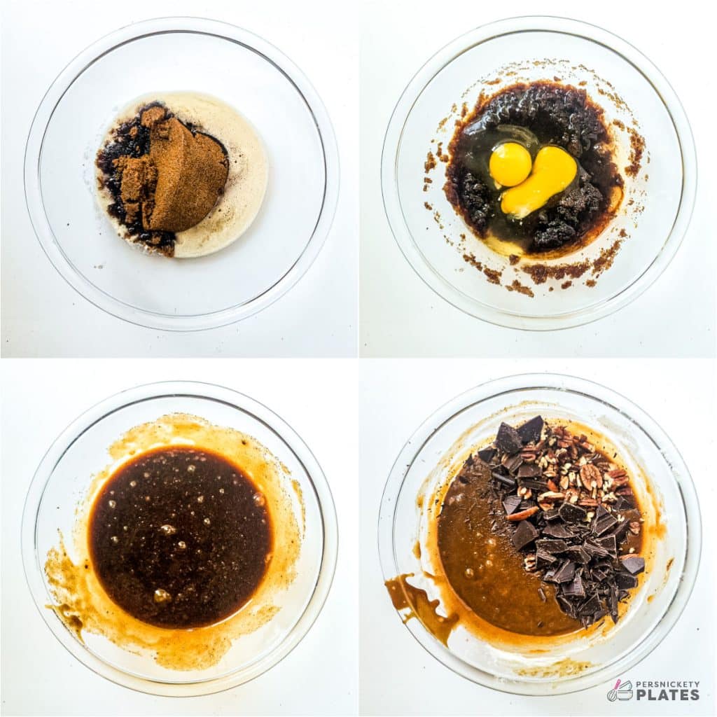 collage of 4 photos showing the process of making cookie dough in glass mixing bowls.