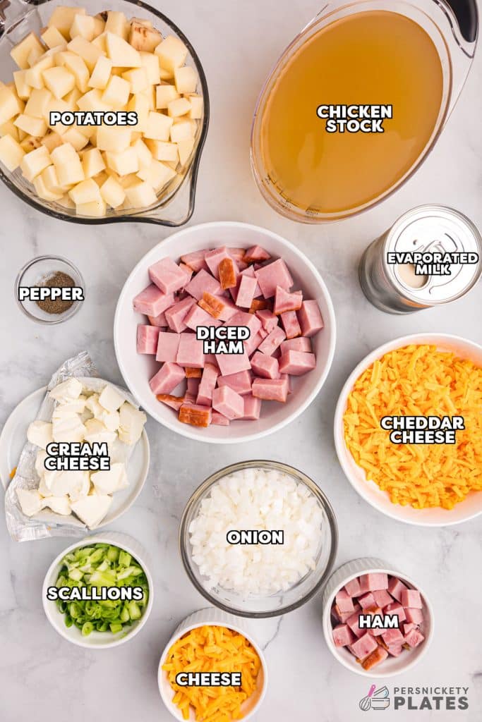 overhead shot of labeled ingredients laid out to make ham & potato soup.