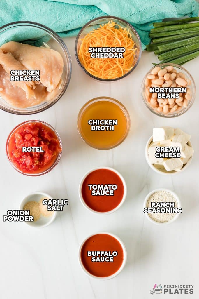 overhead shot of labeled ingredients laid out to make crockpot buffalo chicken chili.