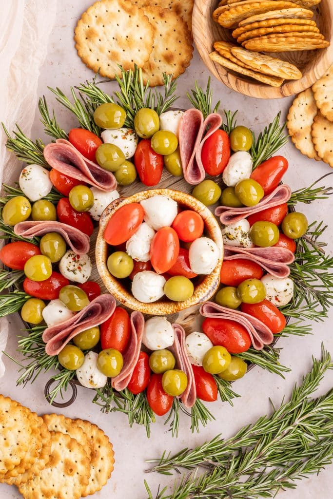 overhead shot of an antipasto tray shaped like a christmas wreath.