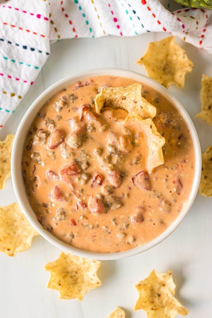 overhead shot of sausage velveeta dip.