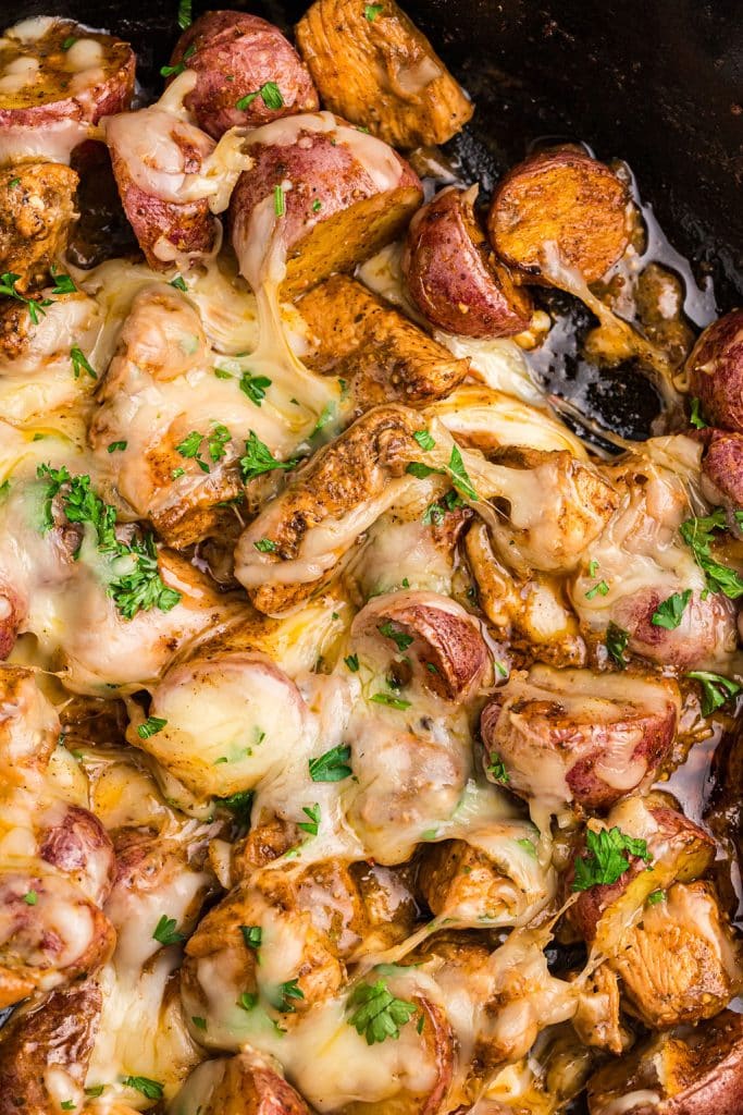 closeup overhead shot of garlic parmesan chicken & potatoes.
