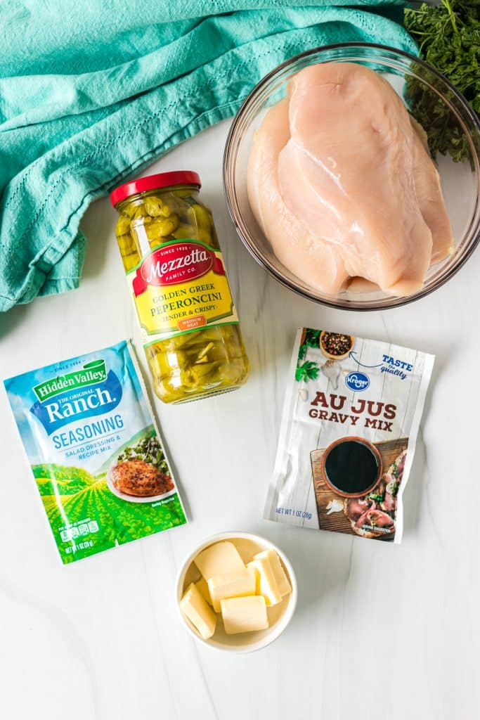 overhead shot of ingredients laid out to make mississippi chicken.
