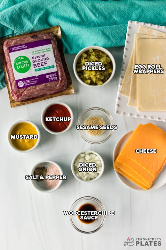 overhead shot of labeled ingredients laid out to make big mac egg rolls.